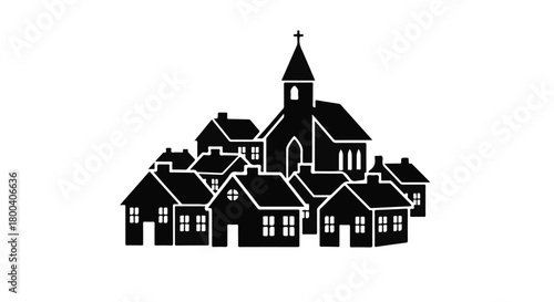 Charming village silhouette with a prominent church steeple against a white background.