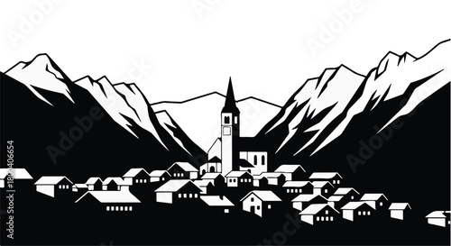 Charming village nestled in a majestic mountain valley under a dramatic sky.