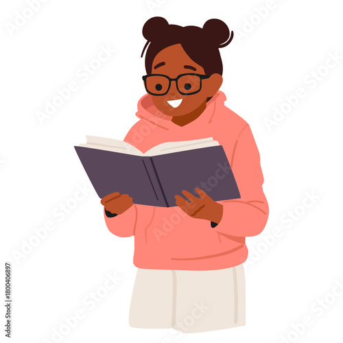 Nerd girl child cartoon bright student character reading paper book isolated on white background
