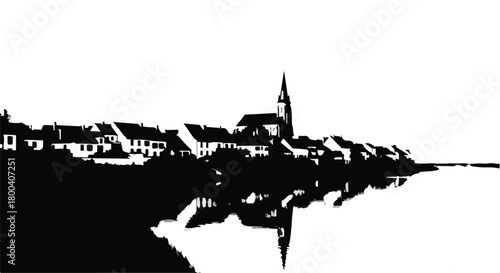 Serene village skyline reflected in calm water at dawn, creating a striking silhouette.