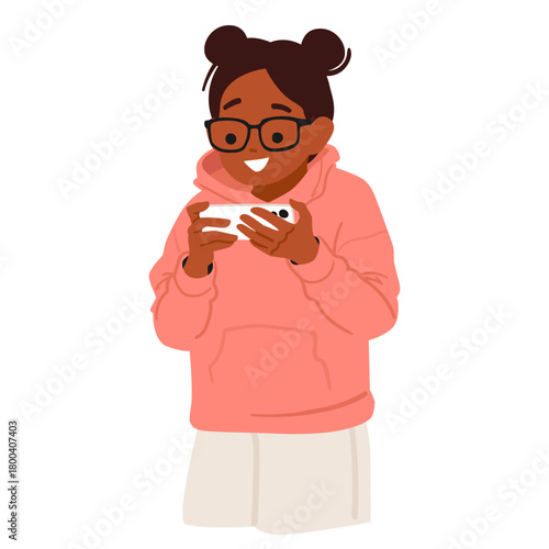 Happy smiling interested girl cartoon character reading digital book on smartphone isolated on white