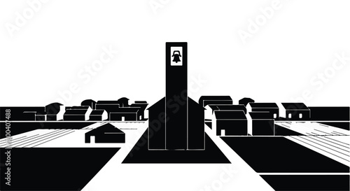 Striking black and white illustration of a stylized village with a prominent church tower.
