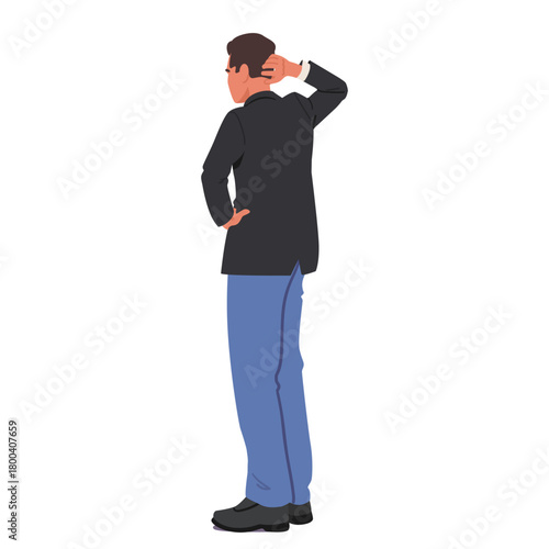 Businessman character scratching head standing back side showcasing overthinking about decision