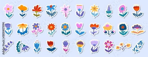 Nordic flower set stickers with scandinavian spring folk doodle elements for bright seasonal decor. Ideal for cards and posters with playful designs for crafts and packaging