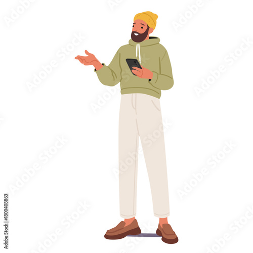 Hipster guy character in casual wear engaged in a conversation holding mobile phone in hands