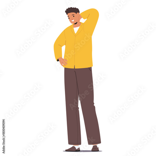 Pensively smiling guy job seeker character thinking about vacancy offer and career opportunity