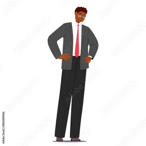 Thoughtful businessman cartoon character wearing formal suit looking seriously isolated on white
