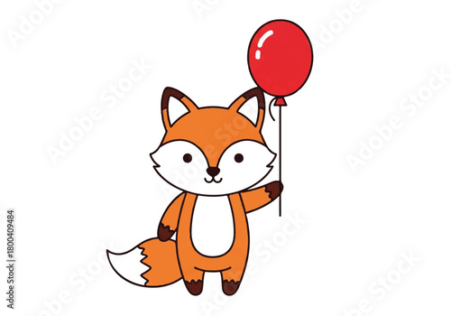 Playful orange Fox Holding a Red Balloon, Cute Cartoon Illustration.