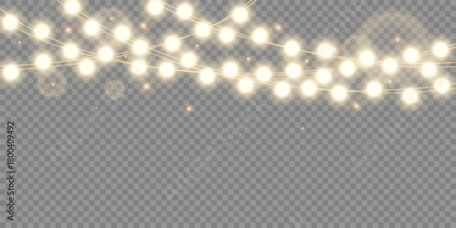 Vector Christmas lights isolated on a transparent background. Christmas light PNG. Set of Xmas glowing garlands. Warm semitransparent new year light effect decoration. Christmas decoration, LED lamp