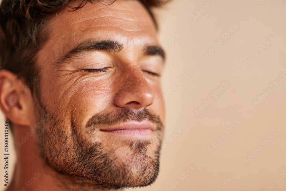 Fototapeta premium Smiling young man with beard on peach background