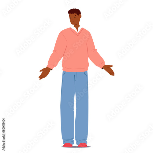 Overwhelmed confused man job seeker cartoon character spreading arms wide standing isolated on white