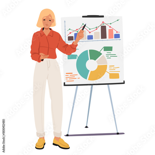 Young businesswoman cartoon character presenting settlements by business project breakthrough