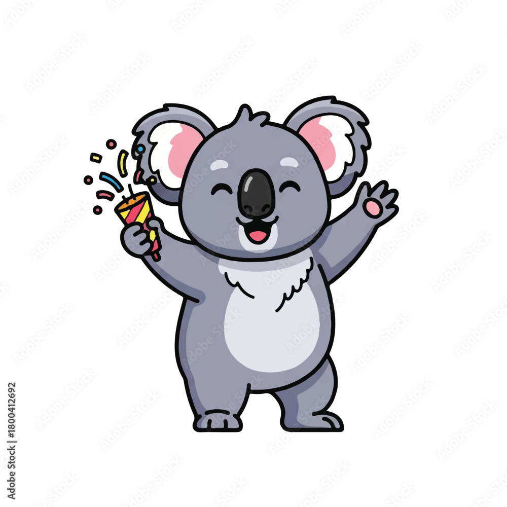 Naklejka premium Playful illustrated koala celebrating with confetti and sparkles.