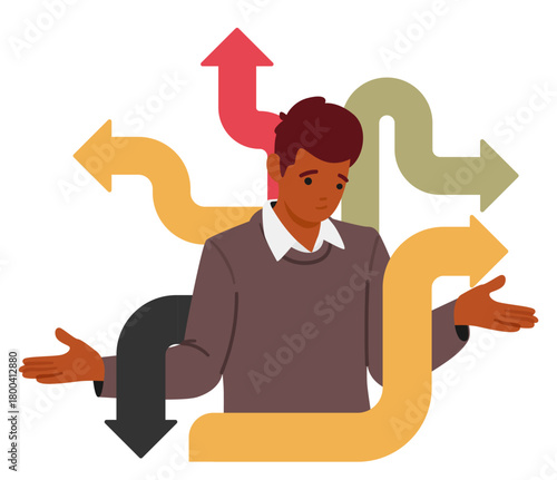 Confused man looking at crossroad signs representing career path, work direction isolated on white