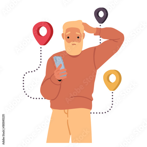 Mature man cartoon character looking at phone screen feeling confused due to location to choose