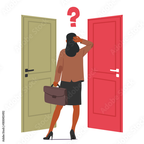 Businesswoman character feeling confused and perplexed thinking choosing between two symbolic doors