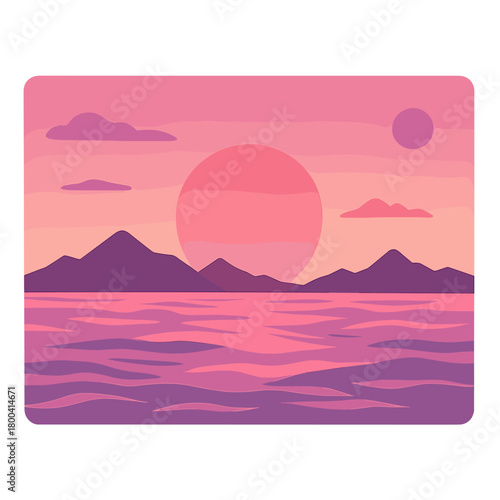A pink sunset blankets an alien ocean, with mountains looming in the distance