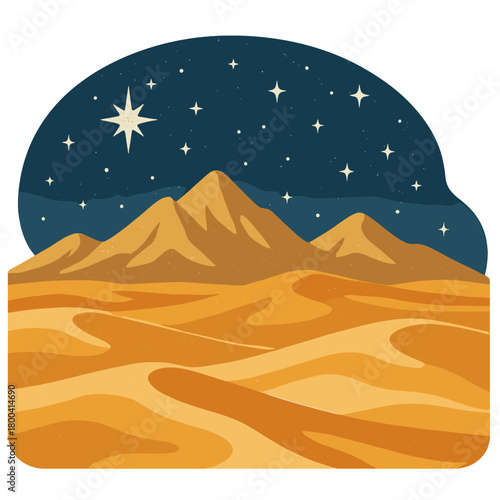 Sparkling desert scenery featuring mountains beneath a star-filled sky
