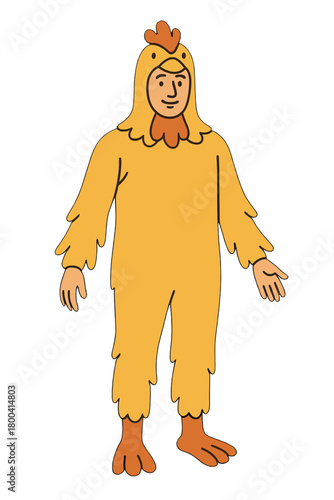 A man in a chicken costume stands against a dark backdrop