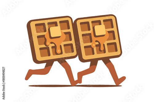 Minimalist surreal art depicts buttered waffles with syrup moving like human legs in an energetic, playful vision that blends teamwork, togetherness, and love