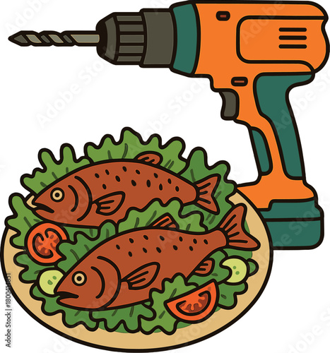 A bizarre dish featuring two cooked fish on a salad, contrasted with an industrial power drill for a surreal twist