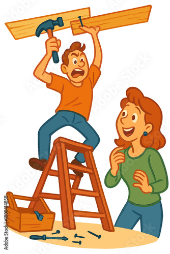 Depict a playful comedic scene emerging from a DIY endeavor, shown from a striking low-angle view rendered in vivid watercolor