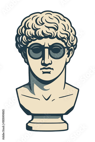 Antinous's plaster head wearing round glasses, embodying absurdity and the fusion of incongruous elements