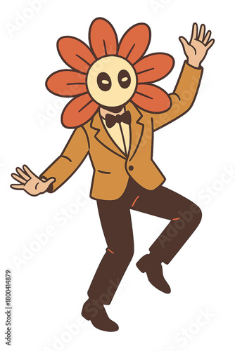 A freak in a flower mask dances at a masquerade, reveling in an absurd carnival and a costume party with a bizarre mask on his head