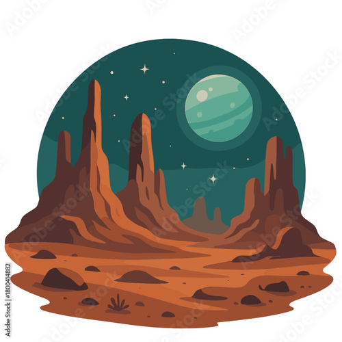 Otherworldly desert scenery featuring towering rock formations and a radiant planet