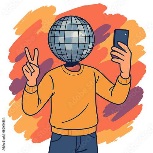 A composite photo collage featuring a bodyless human, with a disco ball instead of a head, taking a selfie with a phone at a weekend party, isolated against a painted background