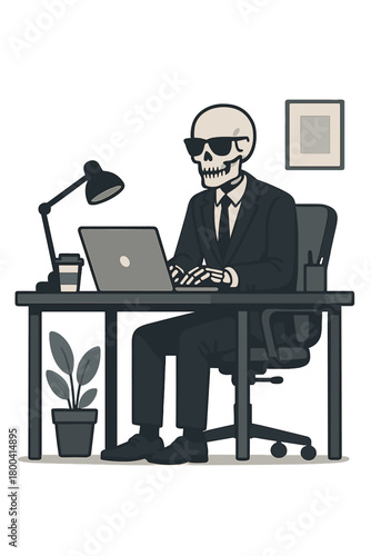 A skeletal businessman in sunglasses types on a laptop at his office desk, while a lifeless employee reclines in a chair at a modern workplace—an ironic metaphor for corporate burnout, overtime