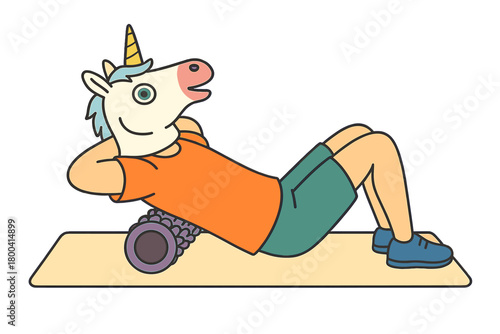 A humorous guy wearing a unicorn mask performs back exercises with a foam roller for myofascial relaxation at home, showcasing comical fitness and using tools for self‑massage and muscle stretching