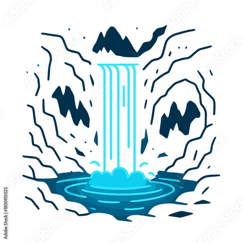 A neon blue waterfall pours into a glowing pool inside a dark, cavernous landscape