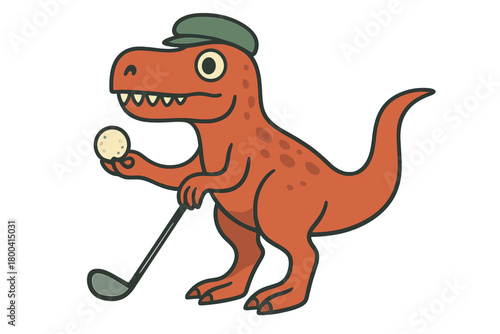 A surreal Tyrannosaur golfer—a whimsical prehistoric creature clutching a golf club and ball