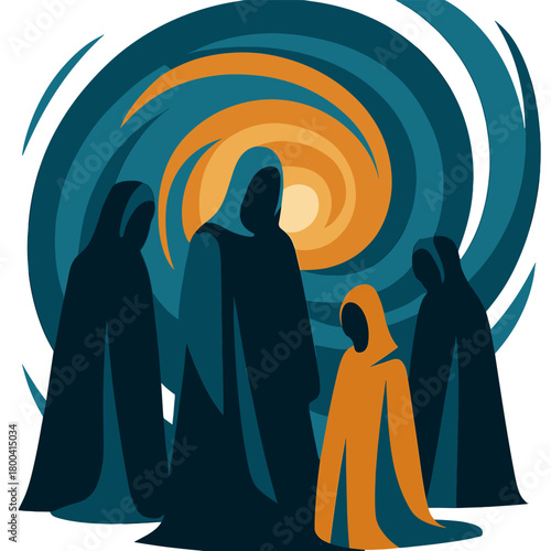 Digital abstract art showcasing enigmatic figures amid a surreal vortex of blue and orange hues