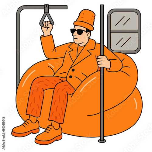 A man in absurd orange attire lounges on an inflatable bean‑bag chair while riding the subway