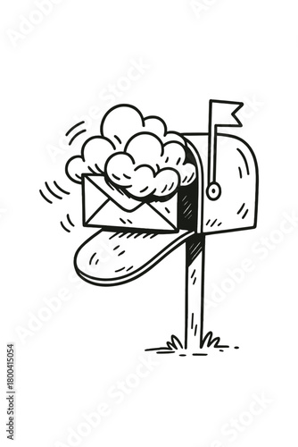 A doodle of a mailbox brimming with folded clouds, rendered in crisp black‑and‑white line art with gentle, hand‑drawn strokes, subtle motion lines, and whimsical, absurd details, all simple and