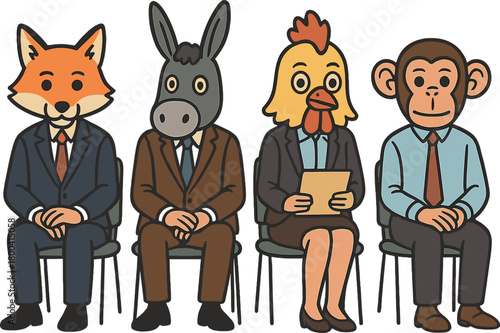 A humorous mix of human and animal hybrids gather by the office wall; in a group photo, company employees, students, or job seekers don extravagant, whimsical, absurdly comedic carnival masquerade