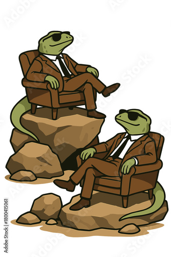 Two lizards wearing brown suits and sunglasses recline in comfy chairs, radiating a laid‑back vibe among natural rock formations, highlighting a quirky blend of style