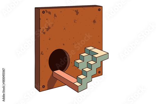 Enter a bizarre, dreamlike realm where a corroded metal wall hides a mysterious void that beckons into the unknown, and a fantastical staircase transports you to otherworldly dimensions