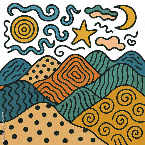 Warped Dadaist dunes adorned with fanciful designs beneath a surreal, playful sky