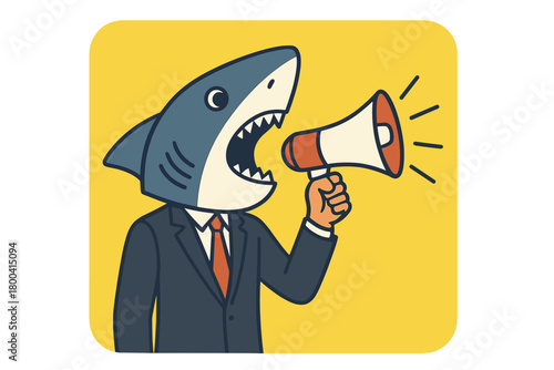 A person wearing a shark head costume holds a megaphone in front of a yellow backdrop
