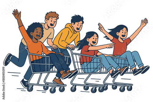 Young friends are having fun on shopping trolleys while diverse youths race in slow motion