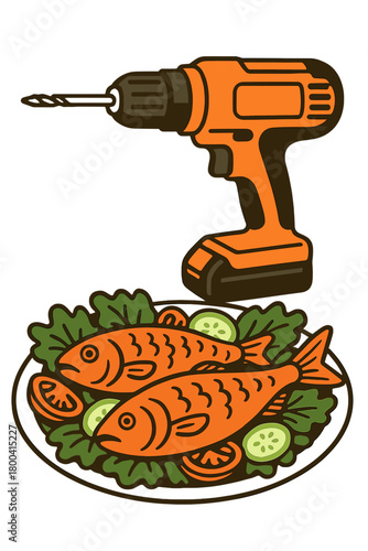A bizarre gastronomic idea featuring two cooked fish atop a salad, contrasted with an industrial power drill to create a surreal effect