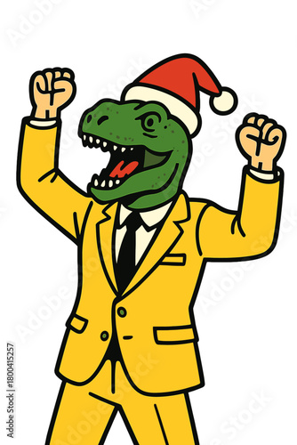 A humorous victor in a yellow suit, dinosaur mask, and Christmas hat stands alone on a turquoise backdrop, celebrating his triumph in a festive contest while raising his fists