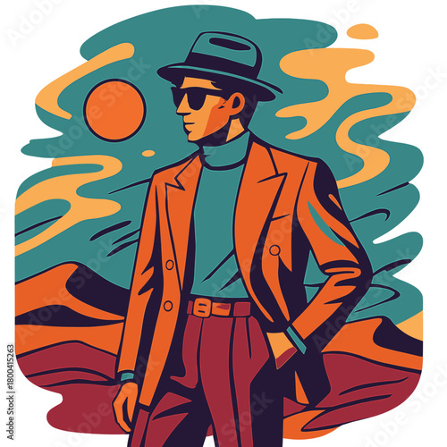 A sharply dressed man under a desert sun, surrounded by painted graphics, set against a retro-futuristic backdrop— photo