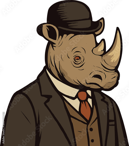 A rhino wearing a gentleman's attire, its wild and noble nature standing out against the backdrop