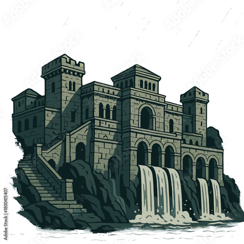 Old stone palace with cascading waterfalls beneath a stormy sky