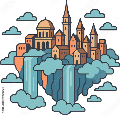 A city constructed amid the clouds, with waterfalls cascading below