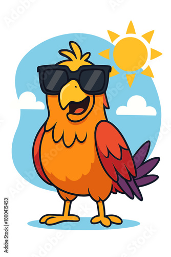 A huge, vividly feathered bird sporting a silly grin and oversized sunglasses stands before a bright blue backdrop, looking completely ridiculous and funny